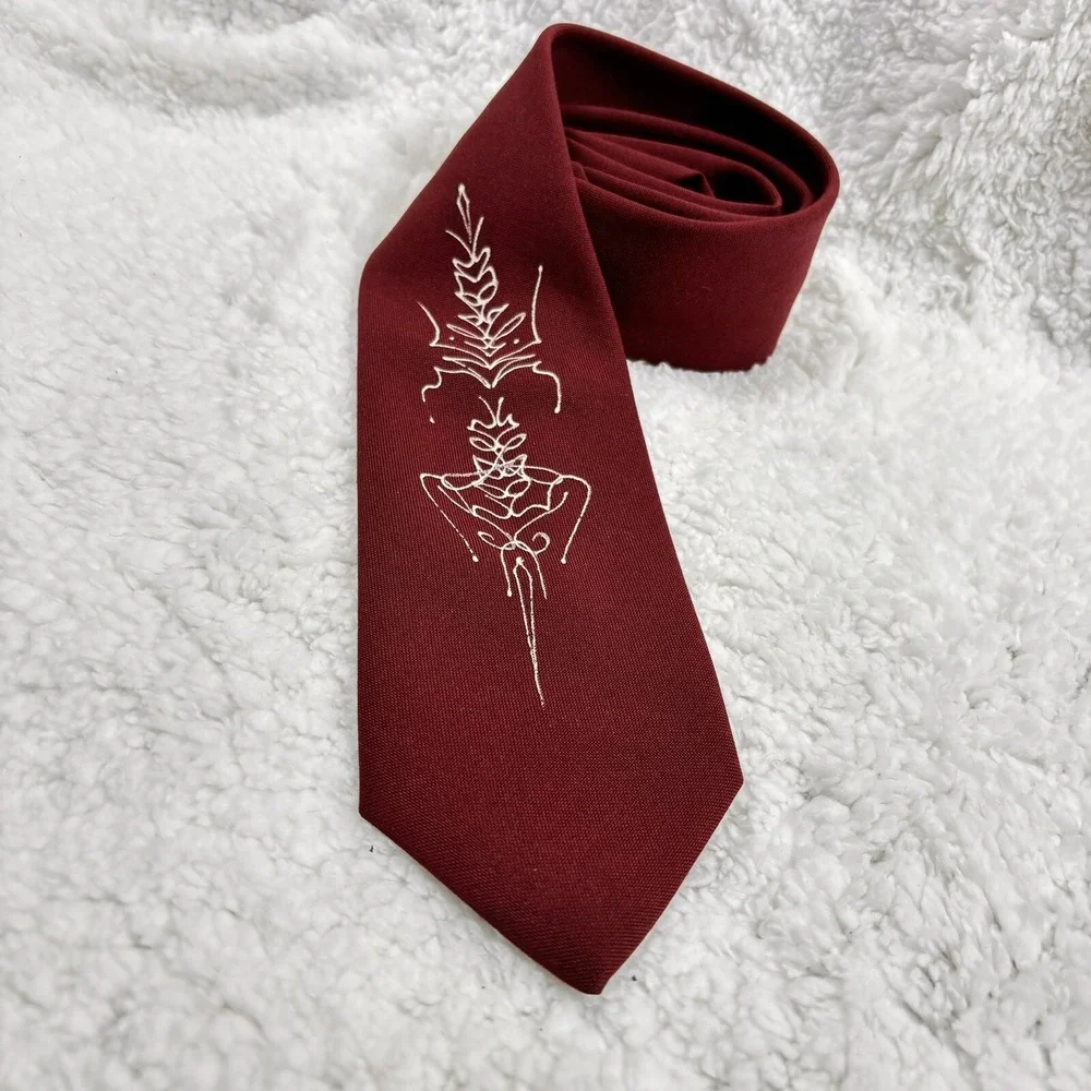Vtg Mirrored Signature Necktie Burgundy Hand‎ Painted Script Poly 40s 50s 57x3